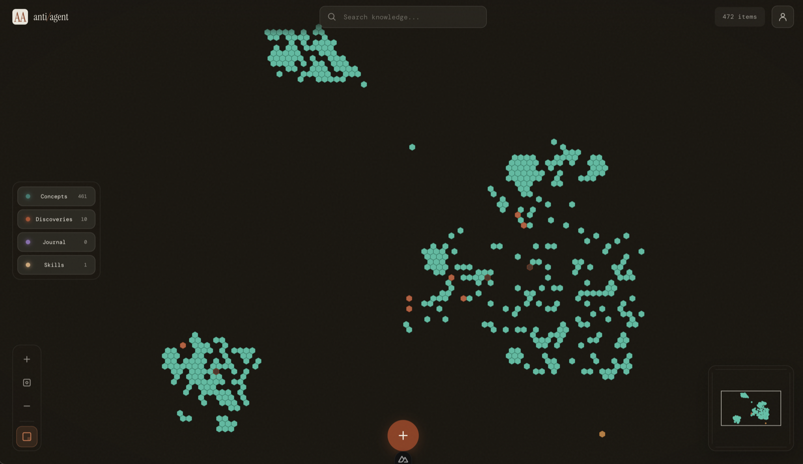 Personal semantic knowledge map interface showing hundreds of interconnected concepts as hexagonal nodes clustered by meaning - Anti-Agent visual knowledge management system