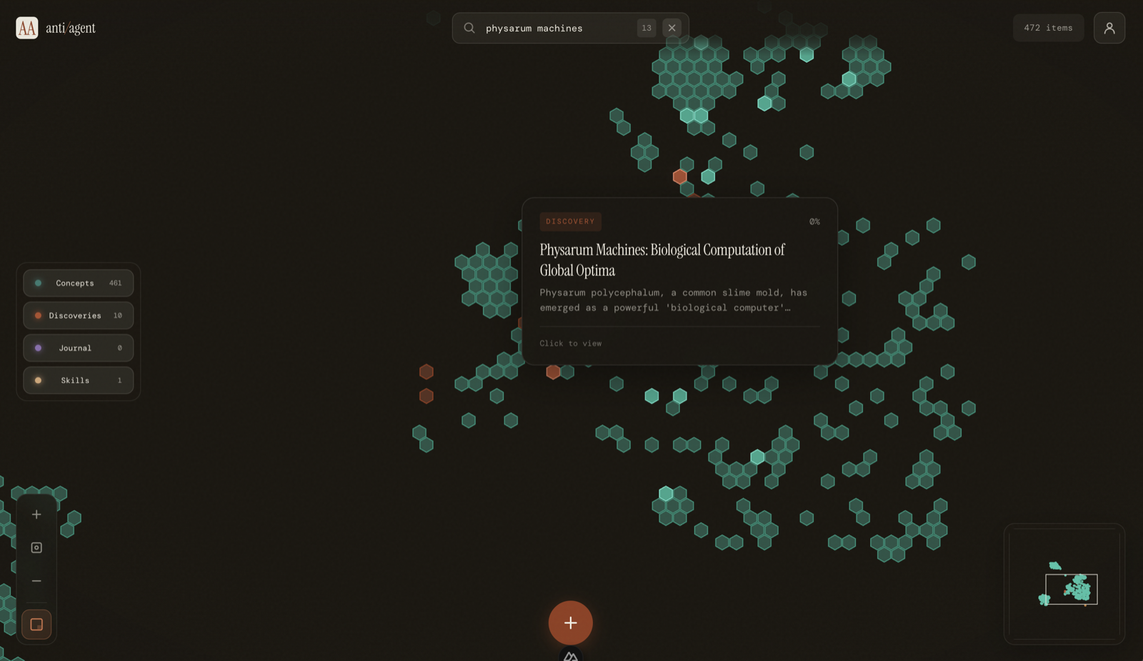 Semantic search in personal knowledge map - searching for 'physarum machines' instantly finds related concepts about biological computation across 472 knowledge items
