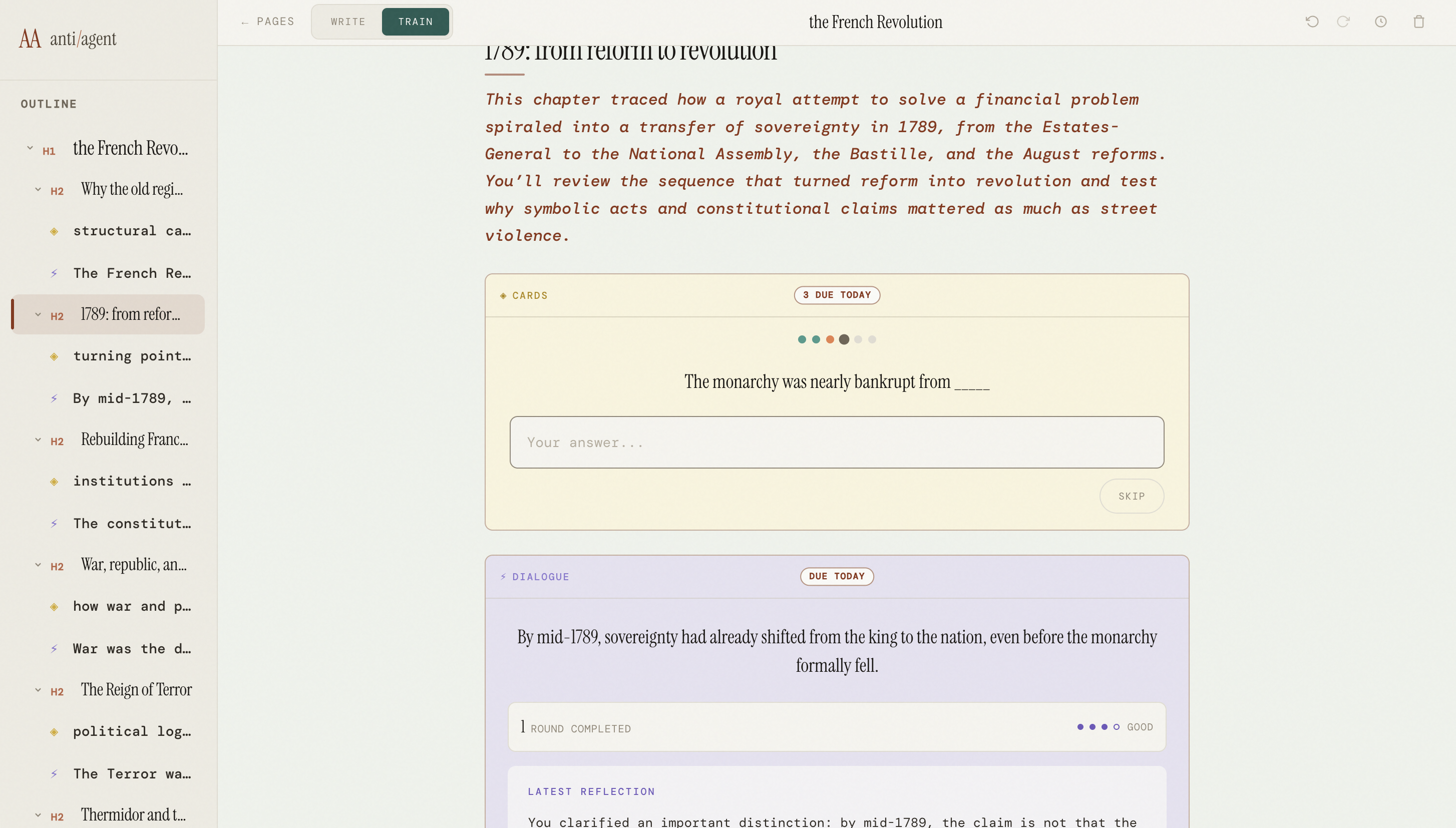 Train mode: flashcards and spaced repetition from your notes