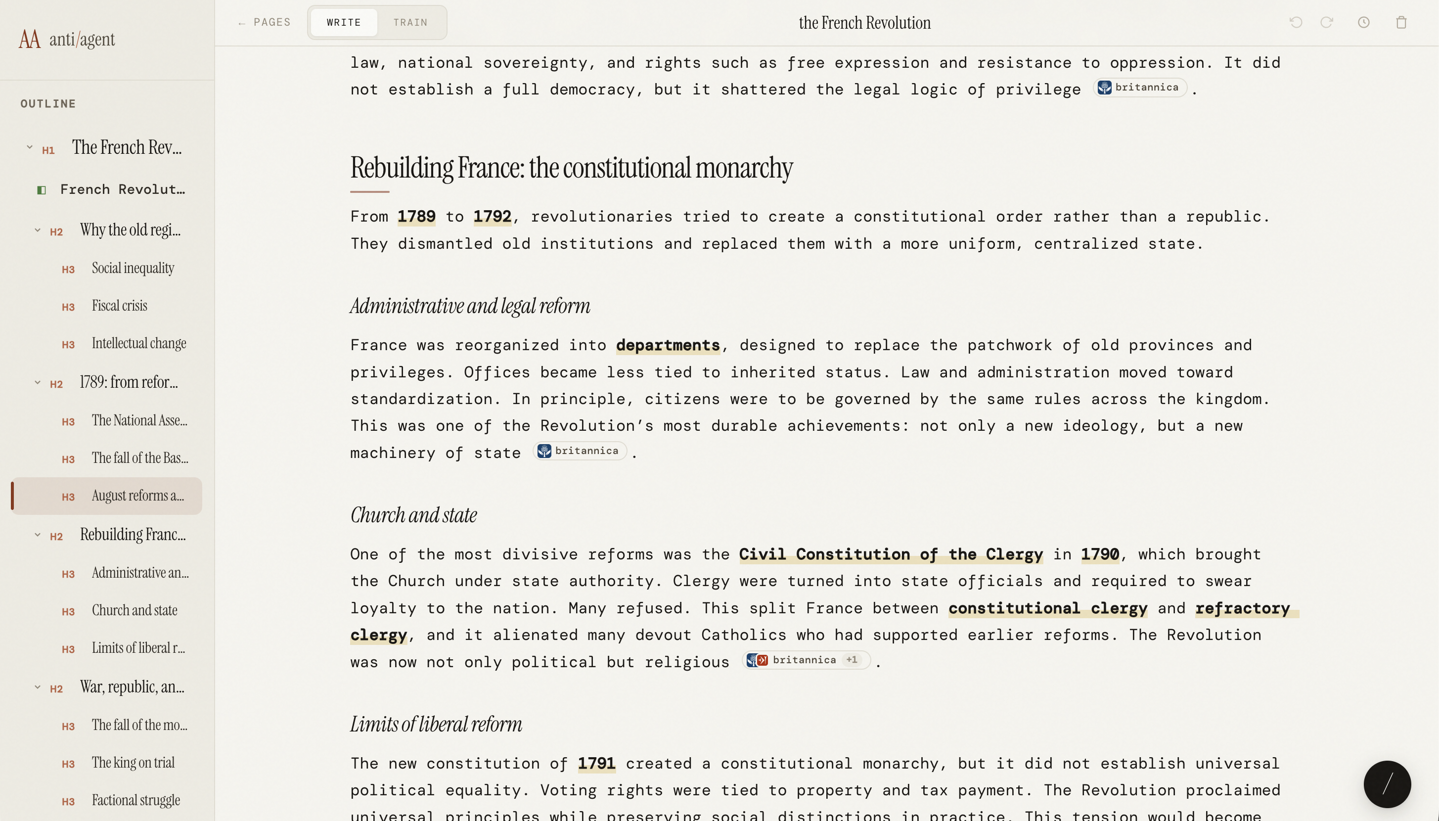 Write mode: editor with sources, AI research, and your own writing